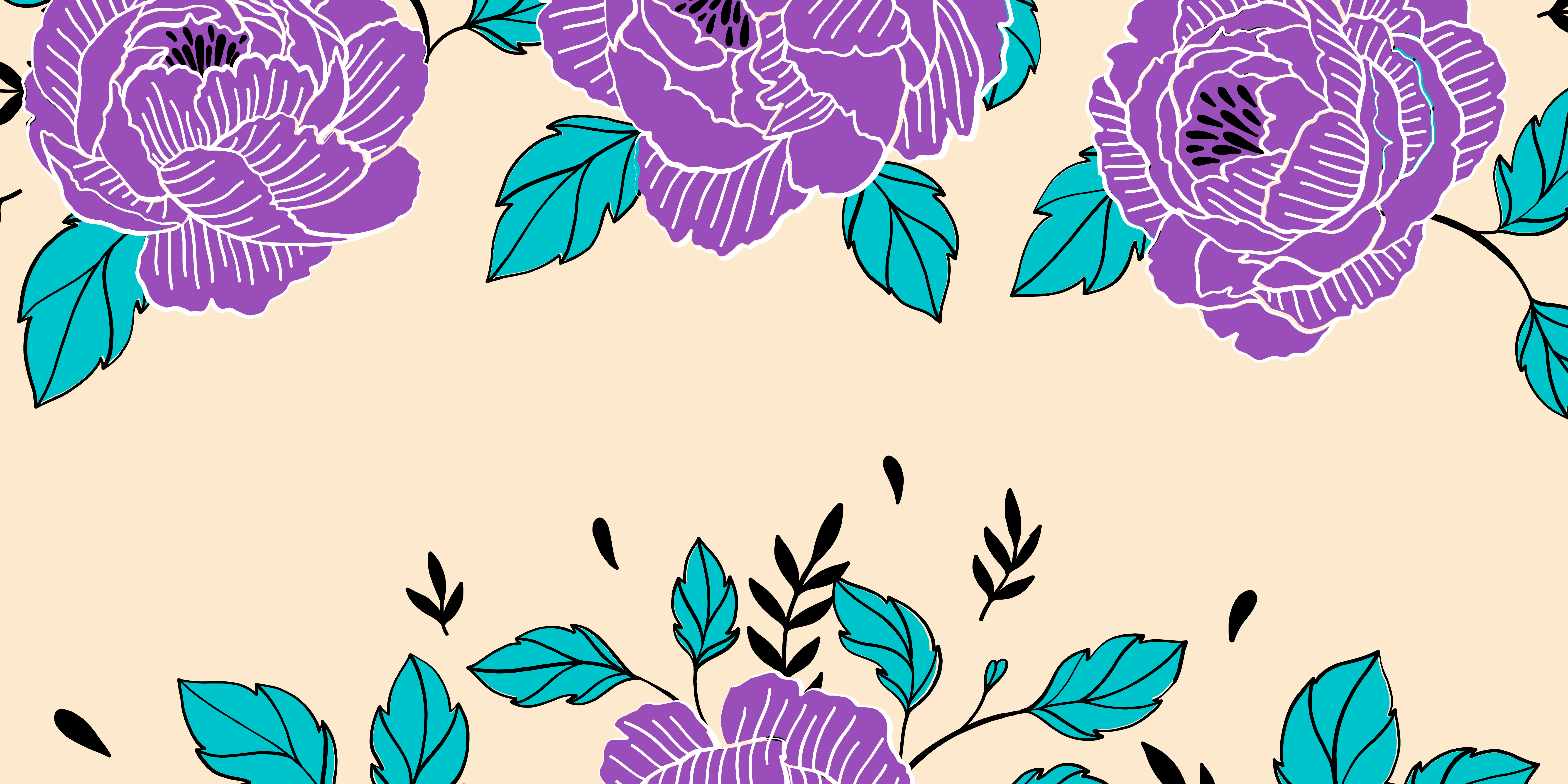 Animated drawing of purple flowers with blue leaves over a beige background